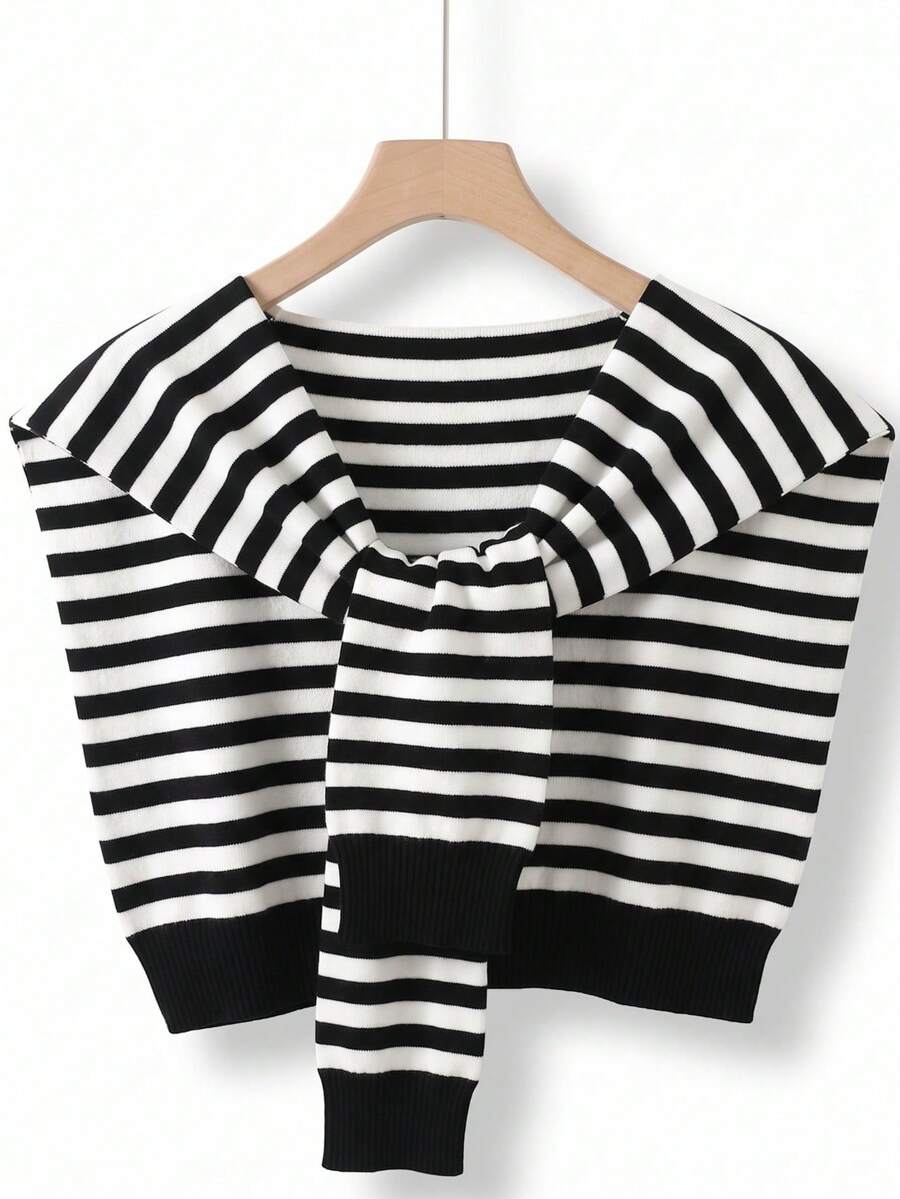 1pc New Autumn Black & White Striped Knit Shawl, Women's Tie-Up Knit Cape Scarf, Office Air-Conditioned Room Decorative Shawl Scarf