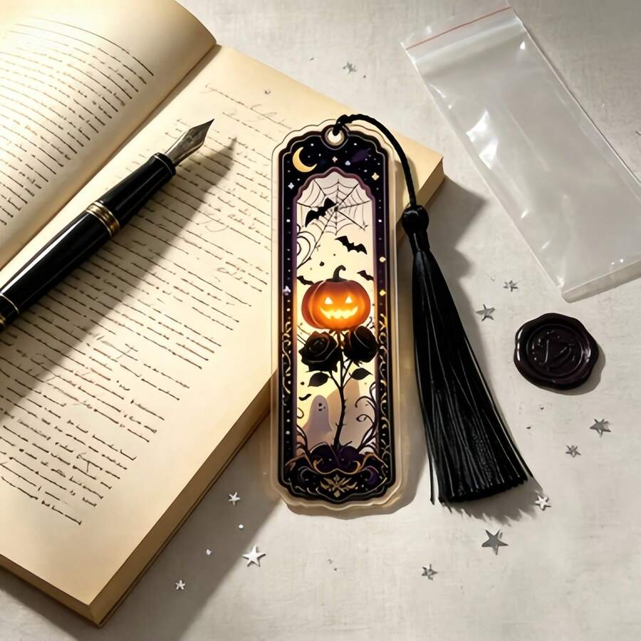 1pc Halloween Pumpkin Ghost Bat Acrylic Bookmark, Vintage Dark Gothic Style Book Lover Gift - One Size Fits All - View 1
