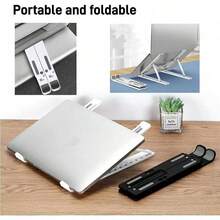 Soporte portátil para computadora portátil, nueva versión, ajustable, para escritorio, con soporte para teléfono, color blanco y negro. - En blanco y negro - Ver 7
