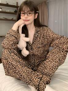 2pcs/Set Women's Pajamas Loungewear Set, Mature Leopard Print Lapel Cardigan Long Sleeve Cropped Pants, Easy Care Fabric - Brown - View 9