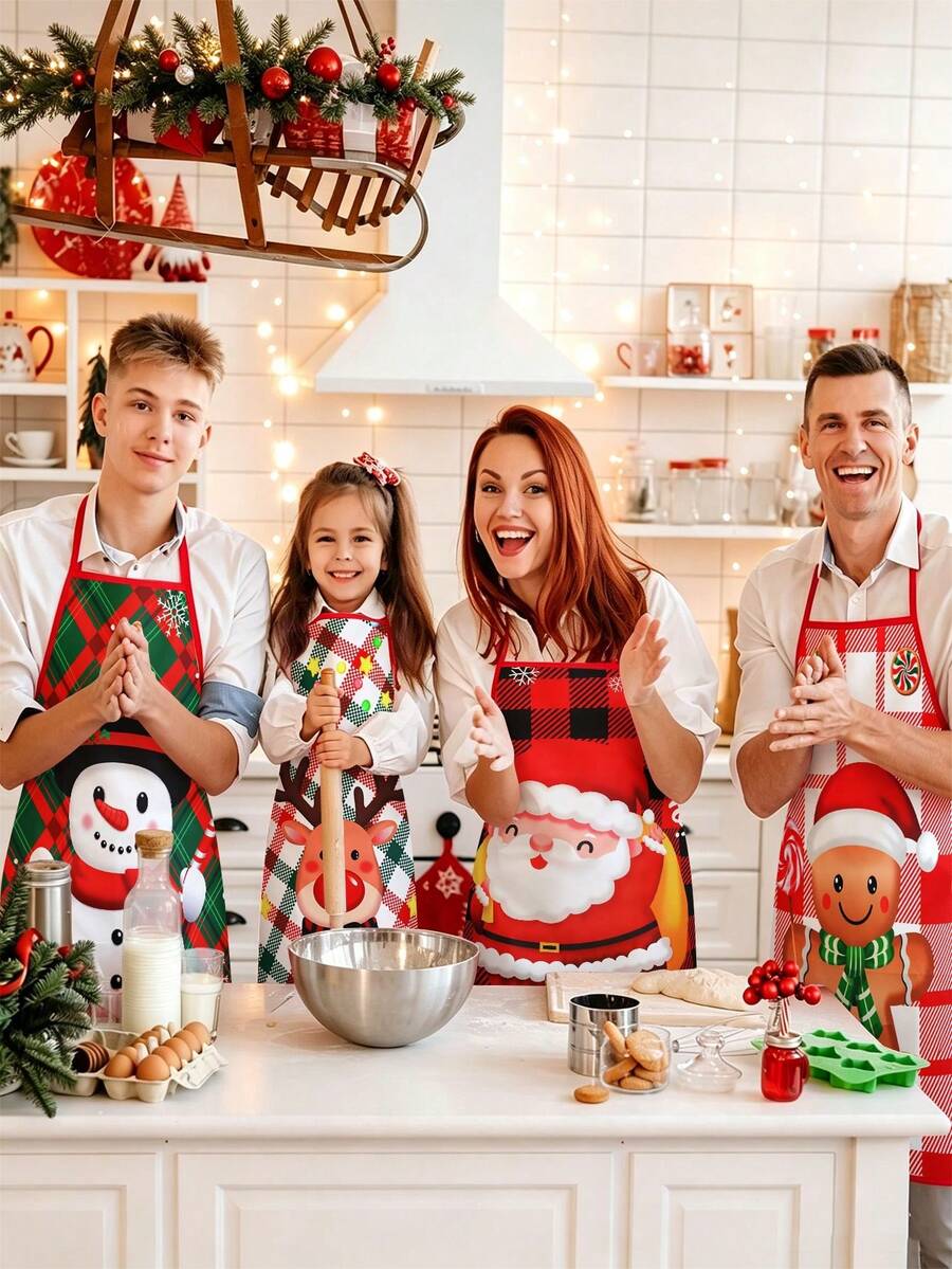 4 Pcs Christmas Buffalo Plaid Character Print Apron Set, Santa Snowman Reindeer Gingerbread Pattern Kitchen Cooking Baking Aprons For Holiday Party Home Decoration - Multicolor - View 1