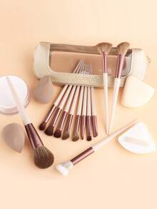 ronshadow 12pcs Professional Makeup Brush Set In Apricot Coffee Color, Multi-Specification Set With Powder Brush, Fan-Shaped Highlighter Brush, Angled Contour Brush, Detail Eyeshadow Brush, Makeup Sponge And Puff Set, With Bag, Full Face And Eye Makeup Brushes For Home Use - Apricot - View 3
