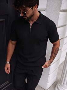 Men's Zip Collar Short Sleeve Polo Shirt, Casual Breathable Summer Knit Top - Black - View 5