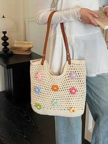 Yogodlns Beach Seaside Vacation Bag Women's Large Capacity Shoulder Bag New Versatile Fashion Shopper Handbag Travel Beach Bag Shopping Pack Beach Bag - Beige - View 7