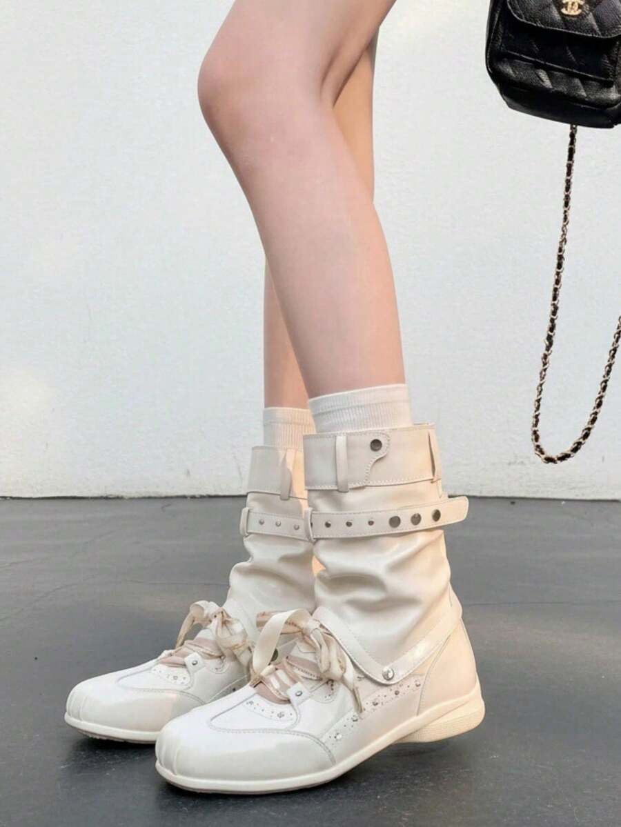 Sepatu Bot Setengah Betis dengan Hiasan Pita Satin dan Rivet, Ukuran Plus untuk Wanita, Gaya Vintage Punk Hot Girl Slouch Boots - Putih - View 1