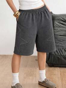 1pc Tween Girls High Street Cool Style Comfortable Star Line Decor Casual Mid-Length Loose Straight Leg Pants, Daily Home & Commute Casual Streetwear - Dark Grey - View 4