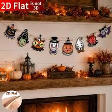 Banner de Halloween com Enfeites Pendurados Pequenos de Madeira, Conjunto Vintage de Fantasma e Abóbora de Desenho Animado, Decoração para Festa e Reunião, Fantasma de Desenho Animado - Multicolorido - Visão 5
