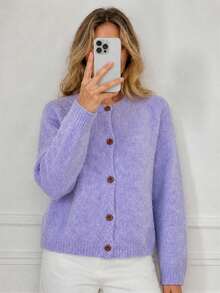Wixra Women's Round Neck Raglan Sleeve Soft Plush Knit Cardigan, Front Button Long Sleeve Sweater Jacket - Mauve Purple - View 1