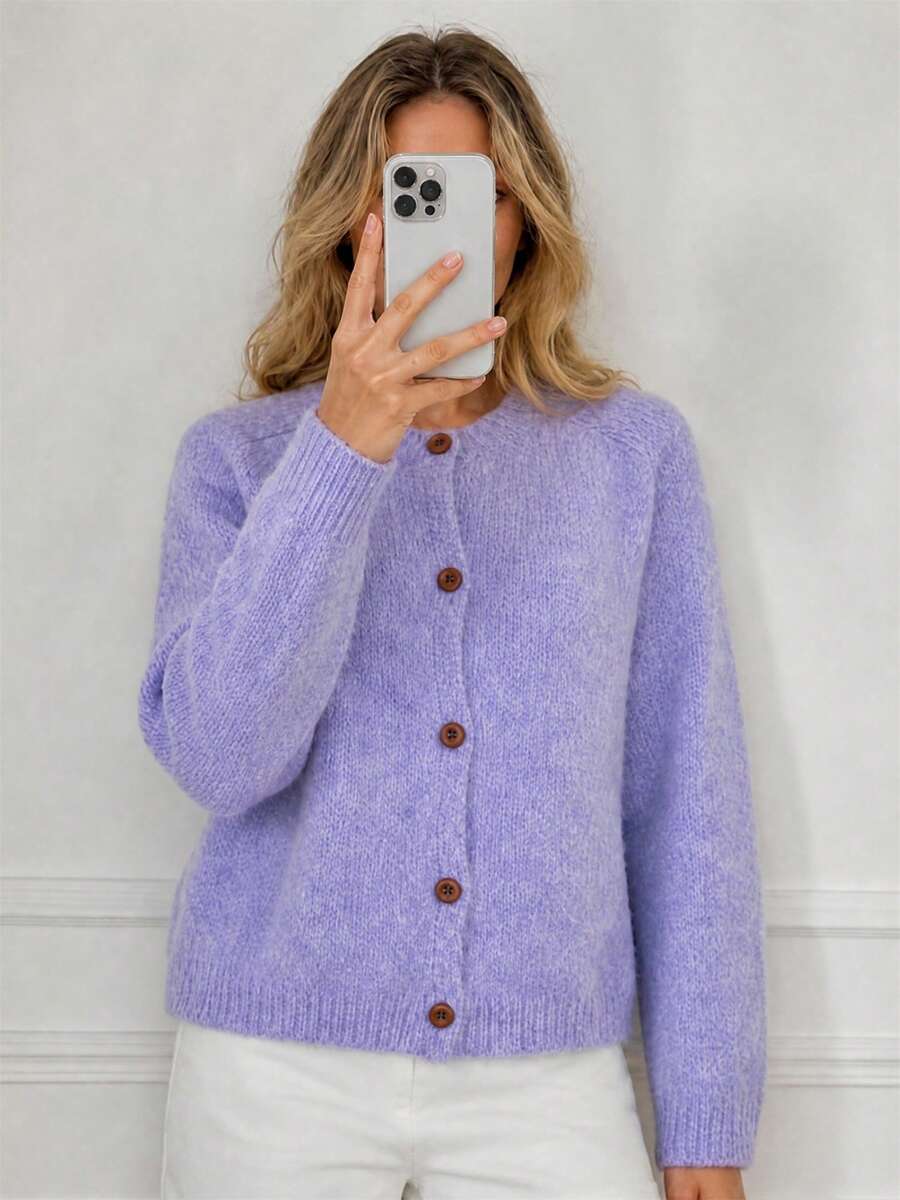 Wixra Women's Round Neck Raglan Sleeve Soft Plush Knit Cardigan, Front Button Long Sleeve Sweater Jacket - Mauve Purple - View 1
