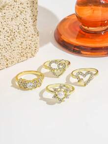 Bộ 4 nhẫn kim loại xếp chồng phong cách INS cho nữ, nhẫn đính đá rhinestone hình trái tim LOVE và hình sao phối ngọc trai giả, thời trang đa năng - Vàng - Xem 3