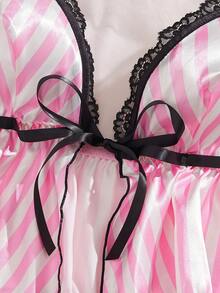 2 Pieces Sets Women Contrast Striped Print Satin Pajamas Spaghetti Strap Slit Self‑Tie Ruffled Sleep Nightwear Lace Splicing Camisole Home Loungewear - Pink - View 10