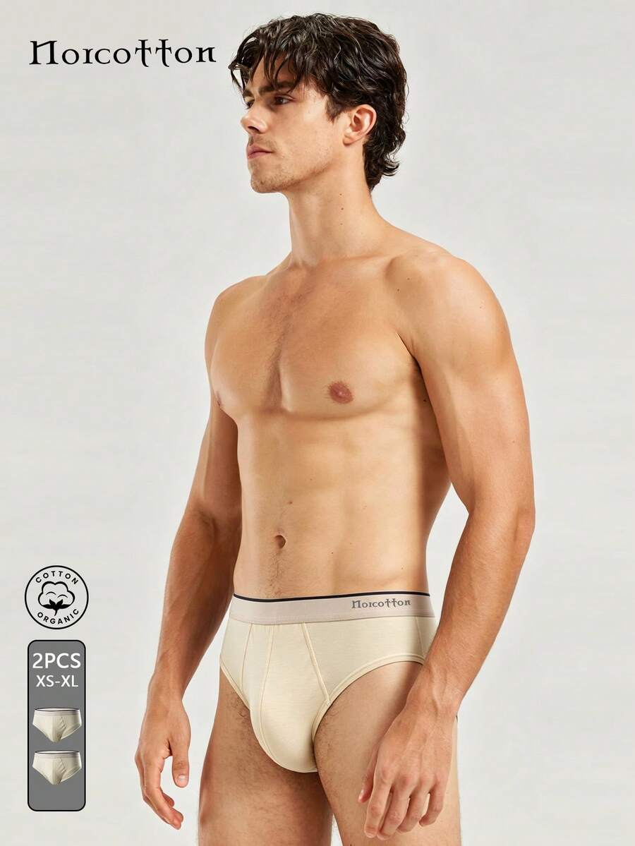 2pcs Norcotton Solid Color Low-Rise Briefs, 100% Cotton Men's Underwear - White - View 1