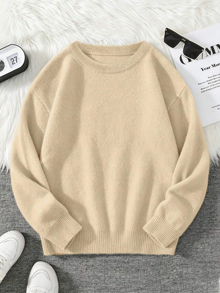 Women's Plus Size Solid Color Knit Top, Long Sleeve Round Neck Regular Fit Sweater, Ideal Choice For Autumn Outfit - Apricot - View 1