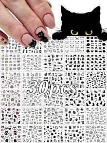 30pcs 3D Black Cat Cartoon Nail Stickers Set Multiple Expressions Line Kitten Flower Cake Self Adhesive Nail Decals Kawaii Graffiti Manicure Sliders - Multicolor - View 10
