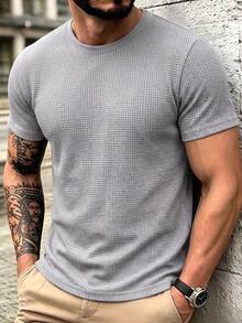 Men's Waffle Knit Solid Color Crew Neck Short Sleeve T-Shirt, Loose Fit Casual Everyday Basic Top - Light Grey - View 3