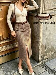 Women's Autumn/Winter Bird Plaid Front Zipper Design Front Slit Elegant Casual Slim Fit Straight Skirt - Coffee White - View 1