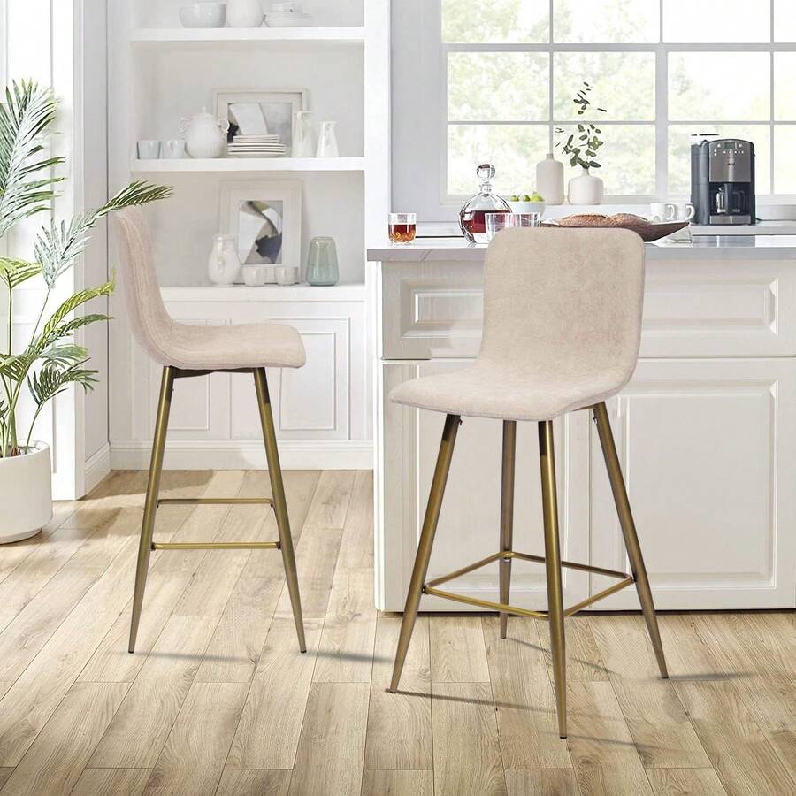 Juego de 2 Taburetes de Bar con Respaldo de Terciopelo Beige y Patas Doradas, Sillas Altas Modernas para Cocina y Comedor - Beis - Ver 1