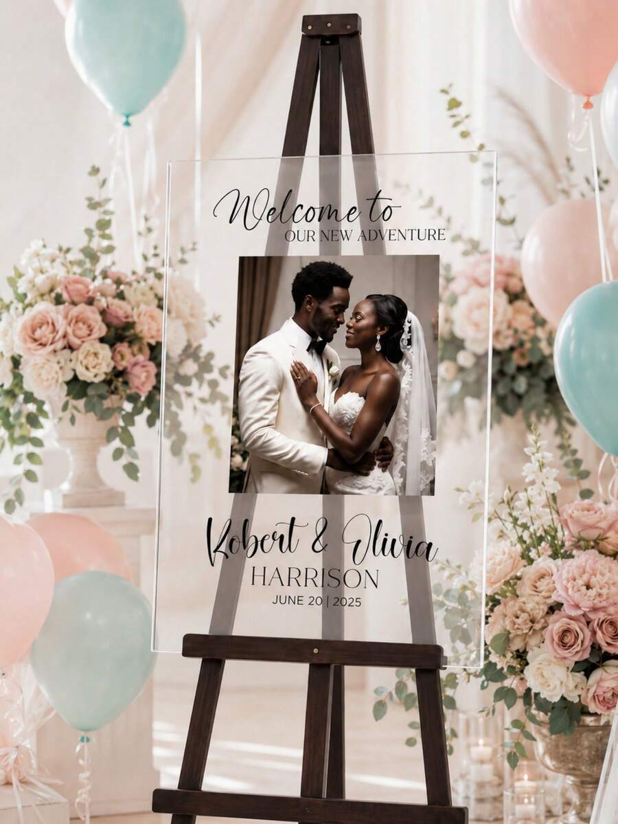 Personalized Photo & Text Acrylic Wedding Welcome Sign - Custom Transparent Reception Display Board With Couple Photo, Names & Date, Wedding Decor, Party Decor, Birthday Decor, Custom Welcome Board - Multicolor - View 1
