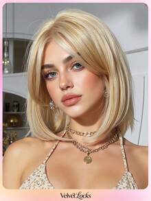 [Velvet Locks]New 13*4 Glueless Front Lace Wig, 12 Inch Flaxen Gold Short Straight Hair, Fashionable Women's No Bangs Pre-Trimmed Heat-Resistant Synthetic Hair, Soft And Smooth, Suitable For Beginners, Daily Wear, Y2K Style, Party, Cosplay, Dance, Travel, Holiday - 亞麻金 - 查看 12