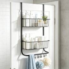 2-Tier Over The Door Metal Shower Caddy Organizer - Hanging Storage Rack With 2 Baskets & 6 Hooks - Space-Saving Bathroom, Bedroom, Pantry, Laundry Organizer, 11.8" X 5.1" X 24.2" - Black - View 2