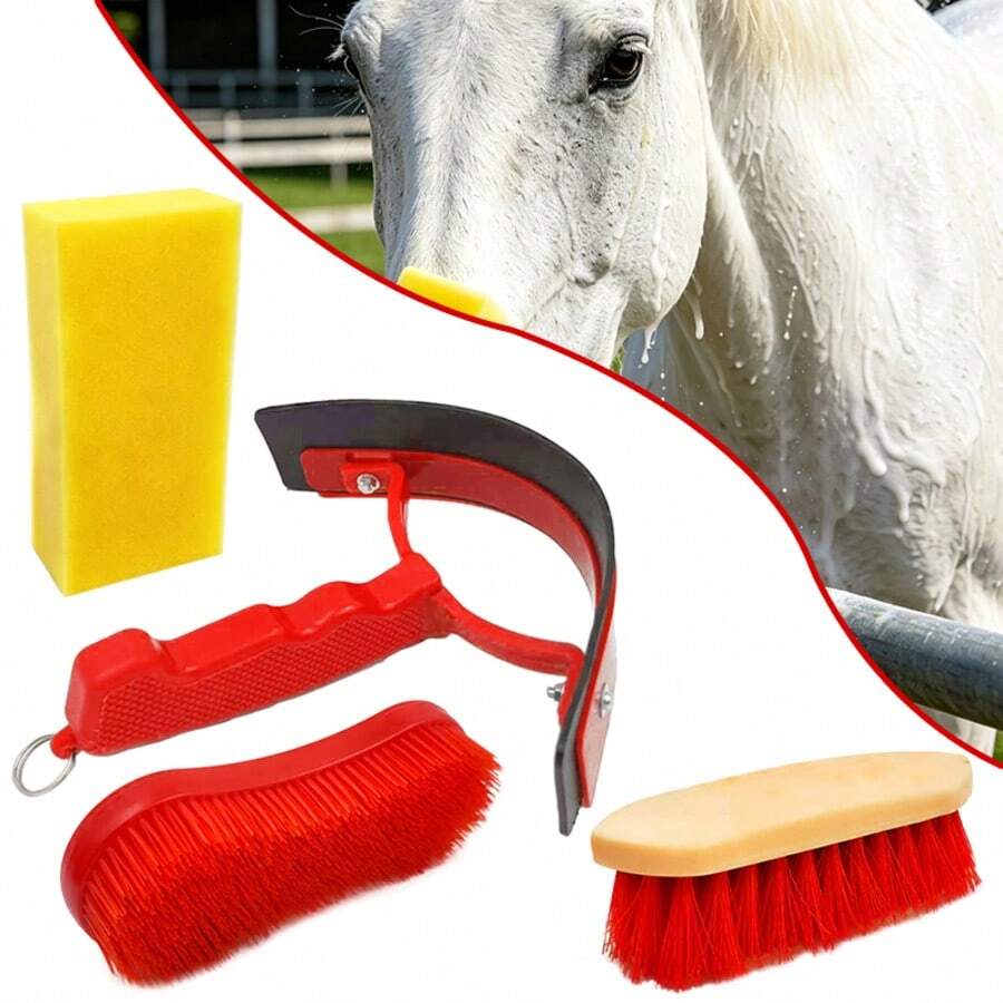 Horse Grooming 4-Piece Set, Horse Sweat Scraper, Horse Brush, Cleaning Sponge, Horse Bathing Comb, Equestrian Grooming Tools Kit - Washable 4-piece Set - View 1