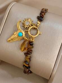 Western Cowboy Steel Bull Skull Sun Natural Tiger Eye Turquoise Bead Bracelet For Women,Gold Jewelry,Party,Daily,Christmas,Birthday Gift/Halloween - Multicolor - View 3