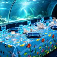 1/3PCS Bright Blue Underwater World Tablecloth With Tropical Fish, Rectangular Disposable Plastic Table Cover,Seaweed And Bubble Pattern, Suitable For Ocean Theme Celebration, Beach Party, Aquarium Gathering, Seafood Buffet Table Setting Supplies - Underwater World - View 4