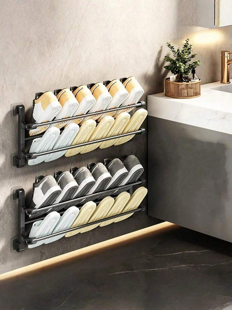1pc No-Drill Wall-Mounted Slippers Rack, Bathroom Storage Solution, Home Shoe Rack, Hanging Shoe Rack, Suitable For Small Spaces, Apartment Living, Bathroom Storage, Suitable For Families And Renters, Space-Saving, Moving Into A New Home - Multicolor - View 1