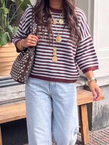 FOR BEAUTY Summer Autumn Y2K Women's Knit Top Elegant Luxury Burgundy Striped Mohair Sweater Fluffy Loose T-Shirt Suitable For Cafe Date Street Style Daily Wear - Blue and Red - View 4