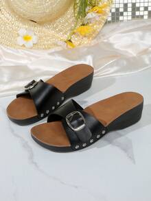 Women's Fashion Solid Color Beach Buckle Wedge Thick Sole Outdoor Summer Sandals - Black - View 6