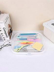 1pc PET Transparent Hard Shell Zipper Storage Box Set, Waterproof & Wipeable, Suitable For Cosmetics, Stationery, Small Toys, Ideal For Dorm, Bathroom, Closet, Portable Small Item Storage Bag, Home Travel Vacation Essential - White - View 7