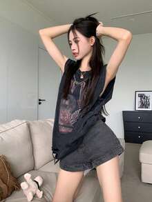 复古做旧花卉字母印花背心，休闲黑色夏季款 - 黑色 - 查看 5