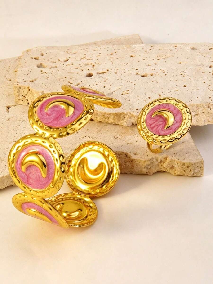 VceTd 1 Set Gentle Style Pink Enamel Moon Stainless Steel Women's Jewelry Set Suitable For Party Wear - Yellow Gold - View 1