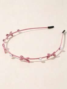 1PC Women's Solid Color Autumn/Winter Flocked Alloy Metal Bow Pearl Thin Bow Headband Daily/Date/Commute Versatile Hair Accessory - Pink - View 2