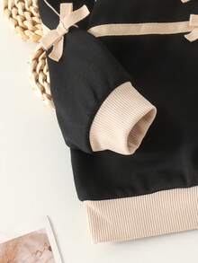 2pcs Baby Girl Simple Elegant 3D Bow & Striped Patchwork Long Sleeve Round Neck Top With Side Stripe Cuffed Pants Set, Spring/Autumn - Black - View 4