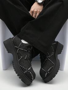 Spring/Summer New Chunky Heel Casual Dress Shoes For Men, Business Low-Top Lace-Up Formal Shoes, Party Wedding Minimalist Derby Shoes, Suitable For Commuting, Dating And Work - Black - View 4