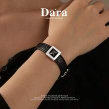 DARA Vintage Black Leather Bracelet S925 Silver Adjustable Wristband Luxury Gift Box Holiday Gift - Black - View 2