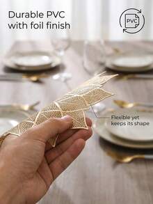 2pcs/set Hollow Out Leaf & Flower Patterned Pvc Placemat And Coaster, Washable & Easy To Clean & Anti-slip & Heat-resistant, Elegant Dining Table Setting, Kitchen Table Mat, Holiday Wedding Decorations - Gold - View 4