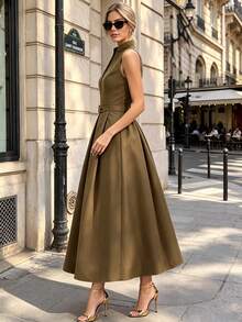 浪漫純色立領長洋裝，優雅風格，開學季商務夏季穿搭 - 卡其色 - 查看 2