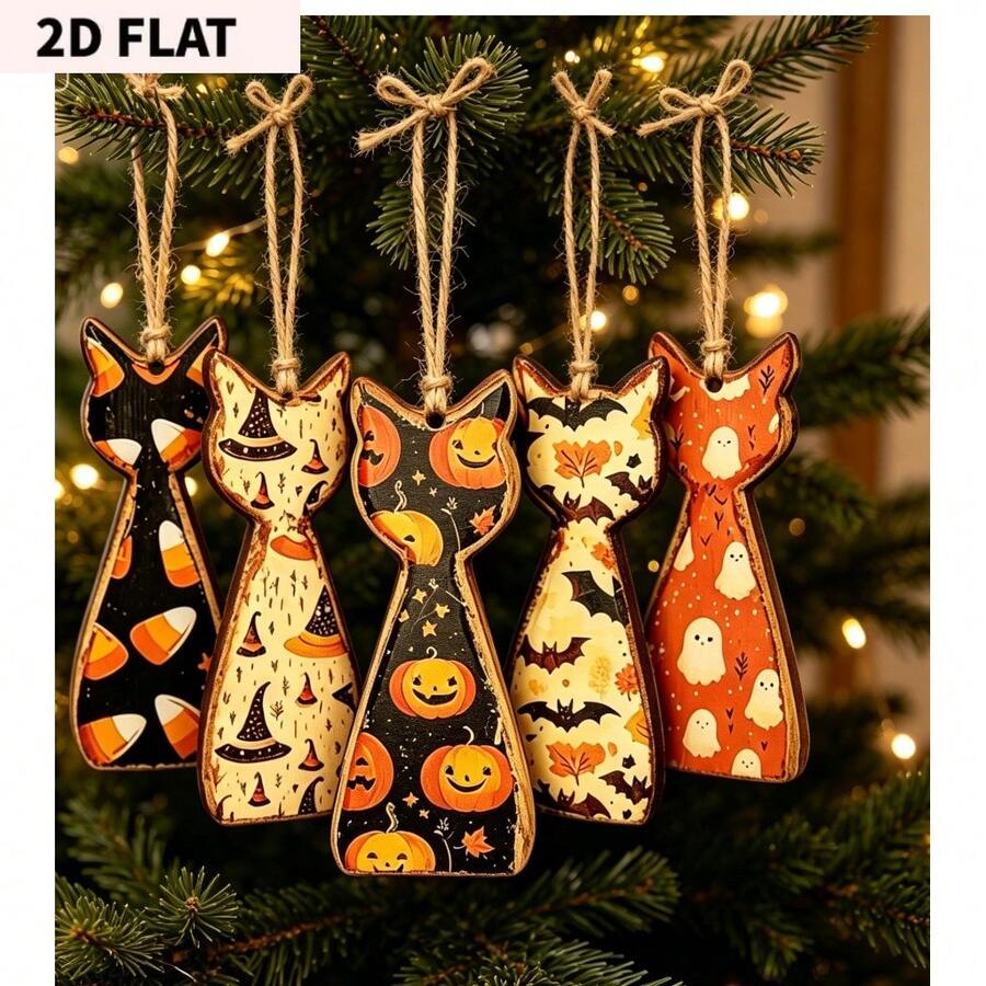 2D Flat, 5pcs Cat-Shaped Wooden Tags With Hanging Rope. Five Different Vintage Halloween Patterns, Perfect Holiday Gift To Create A Vintage And Cozy Halloween Atmosphere. - 5 Items - View 1