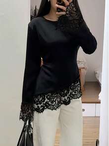 Women's Elegant Satin Long Sleeve Round Neck Top, Graceful Lace Patchwork Cuffs And Hem, Dubai Style Islamic Muslim Casual Wear, Autumn/Winter - Black - View 3