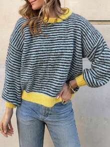 Damen Rundhals Kontrastfarben gestreiftes Langarm lockeres lässiges Mode Strickoberteil, Herbst/Winter täglicher Vintage Streetstyle - Verschiedenfarbig - Übersicht 2