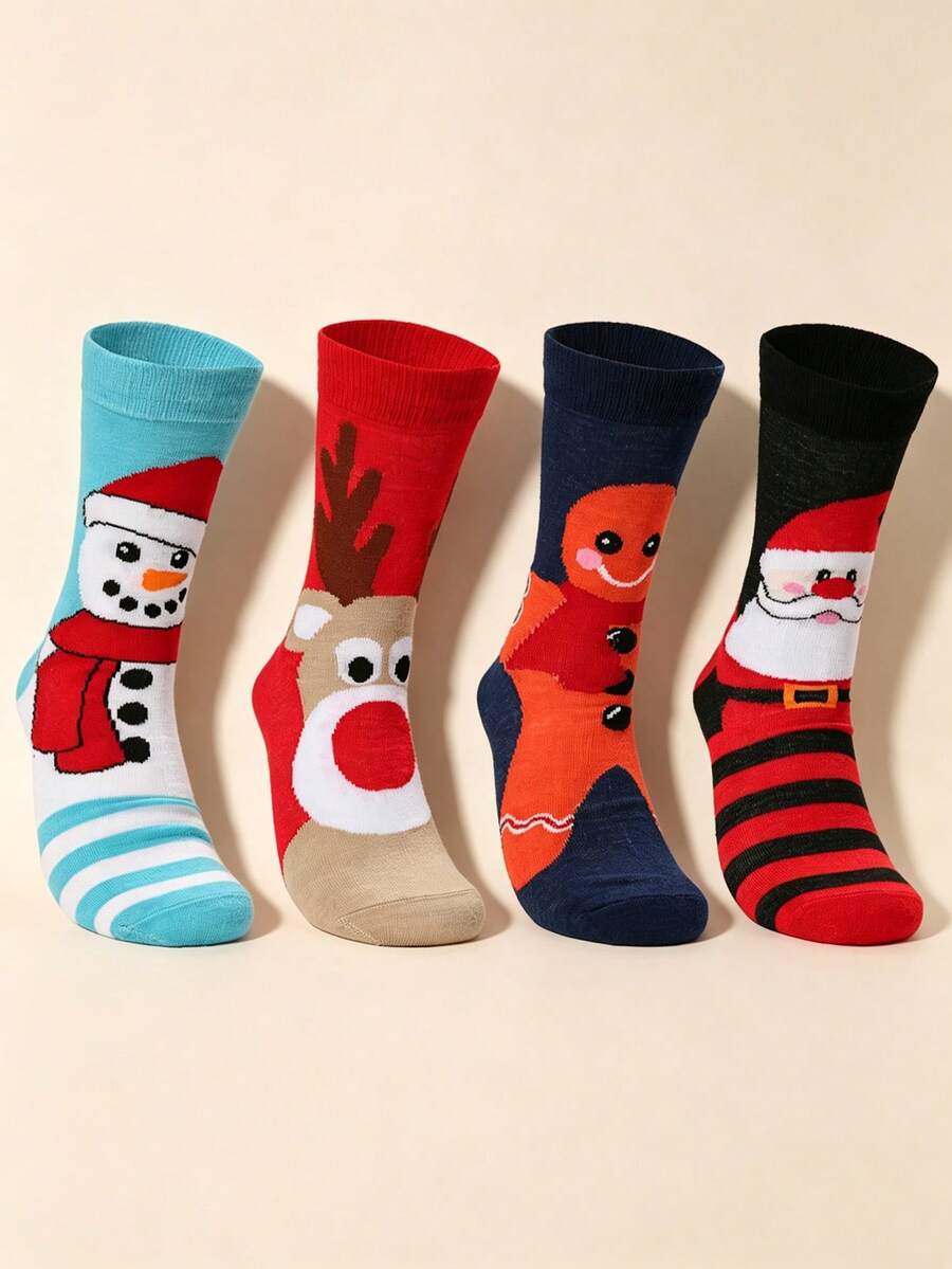 4 Pairs Unisex Cute Christmas Pattern Socks, Snowman, Santa Claus, Reindeer, Gingerbread Man Fun Holiday Socks, Suitable For Christmas - Multicolor - View 1