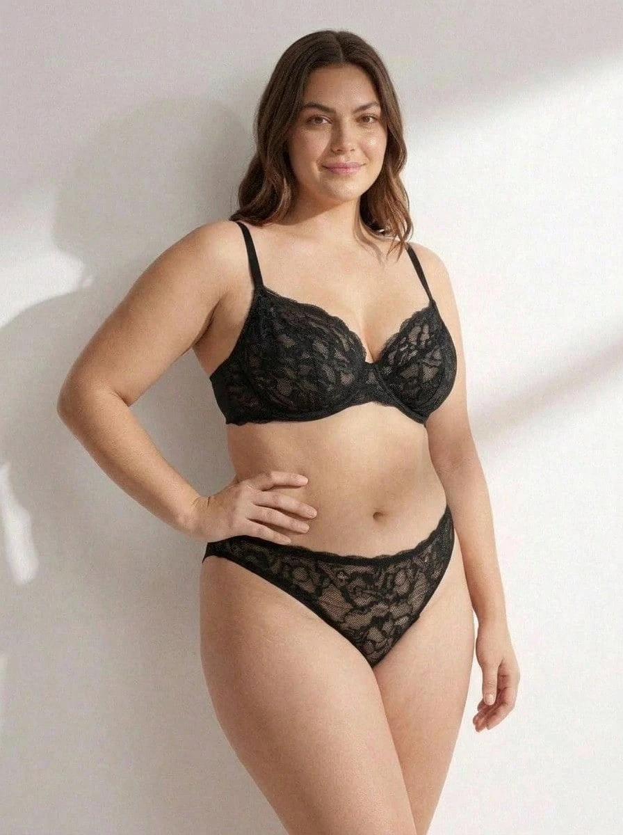 Rosiemei 1pc Plus Size Women Solid Color Lace Padded Lingerie Bra And Panty Set, Lift - Black - View 1