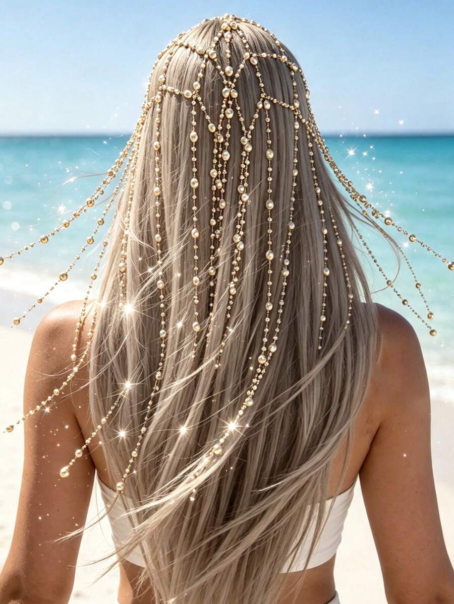 精緻亮面鏤空網格髮鏈流蘇髮飾，適合女性，派對與宴會百搭 - 金色 - 查看 1