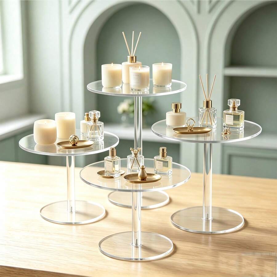 Soporte Redondo Decorativo para Pastel de Mesa de Postres, Estante de Exhibición de Acrílico, Soporte de Exhibición Transparente con Adorno de Cristal para Cumpleaños y Bodas - Blanco - Ver 1