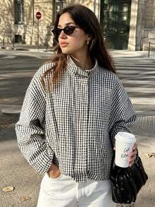 女款短版格紋飛行夾克，春秋輕量外套，長袖短版格紋夾克，街頭風外套 - 黑色 - 查看 2