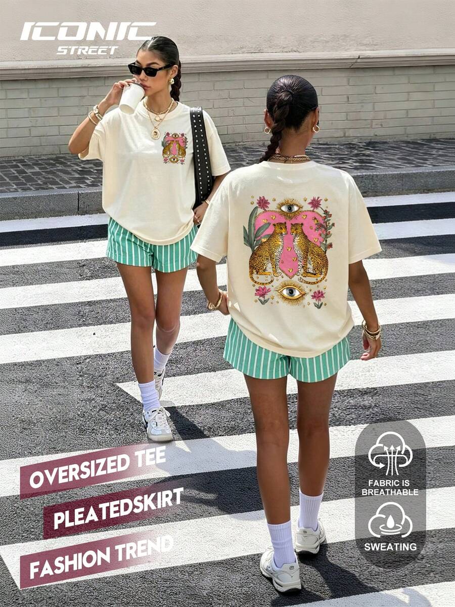 女款休閒圓領短袖大尺碼T恤 夏季 - 杏色 - 查看 1