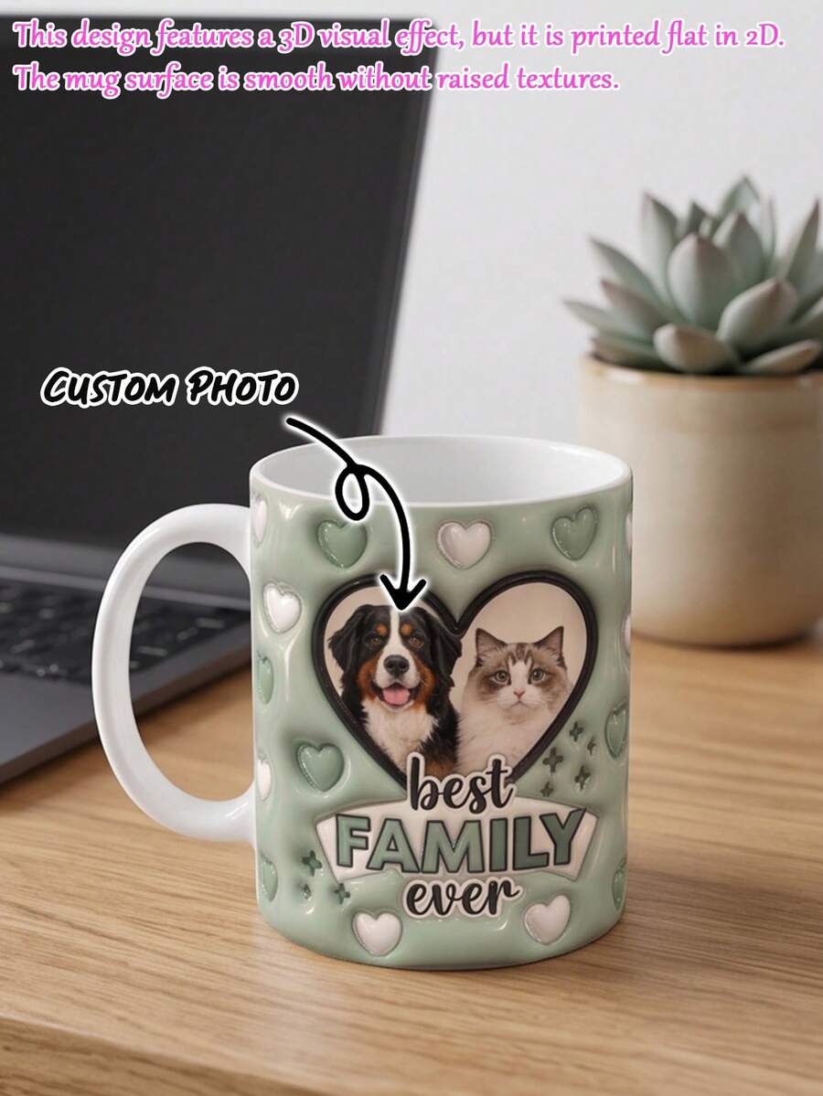 Customizable Green Pet Photo Ceramic Mug 11oz With Pink Heart Design, Best Family Coffee Cup, Personalized Gift For Dog And Cat Lovers - Green - View 1