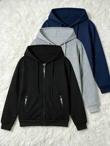 Women's Zip-Up Hooded Jacket, Minimalist White Logo Print Elastic Cuffs Drawstring Sweatshirt Casual Outerwear Black - Black - View 10